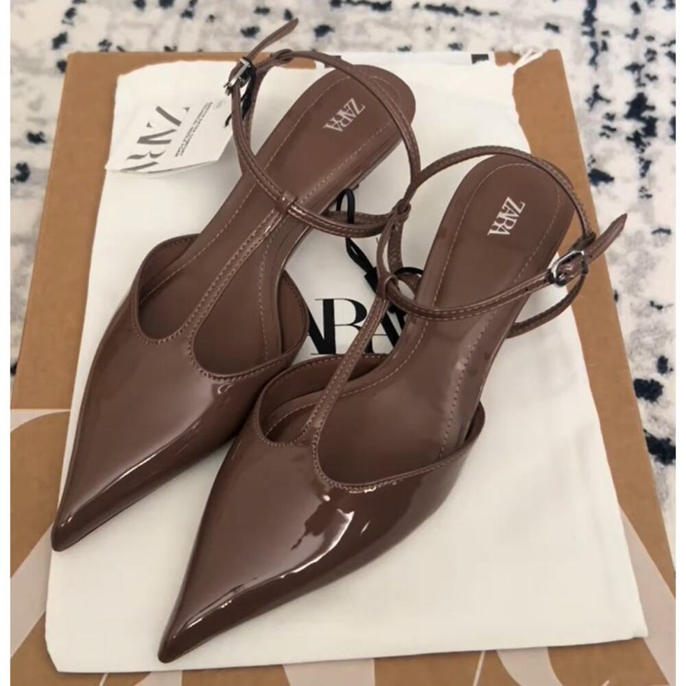 Zara NWT Brown Patent T Strap Slingback Pointed Toe Kitten Heels 9 10 - Picture 11 of 16